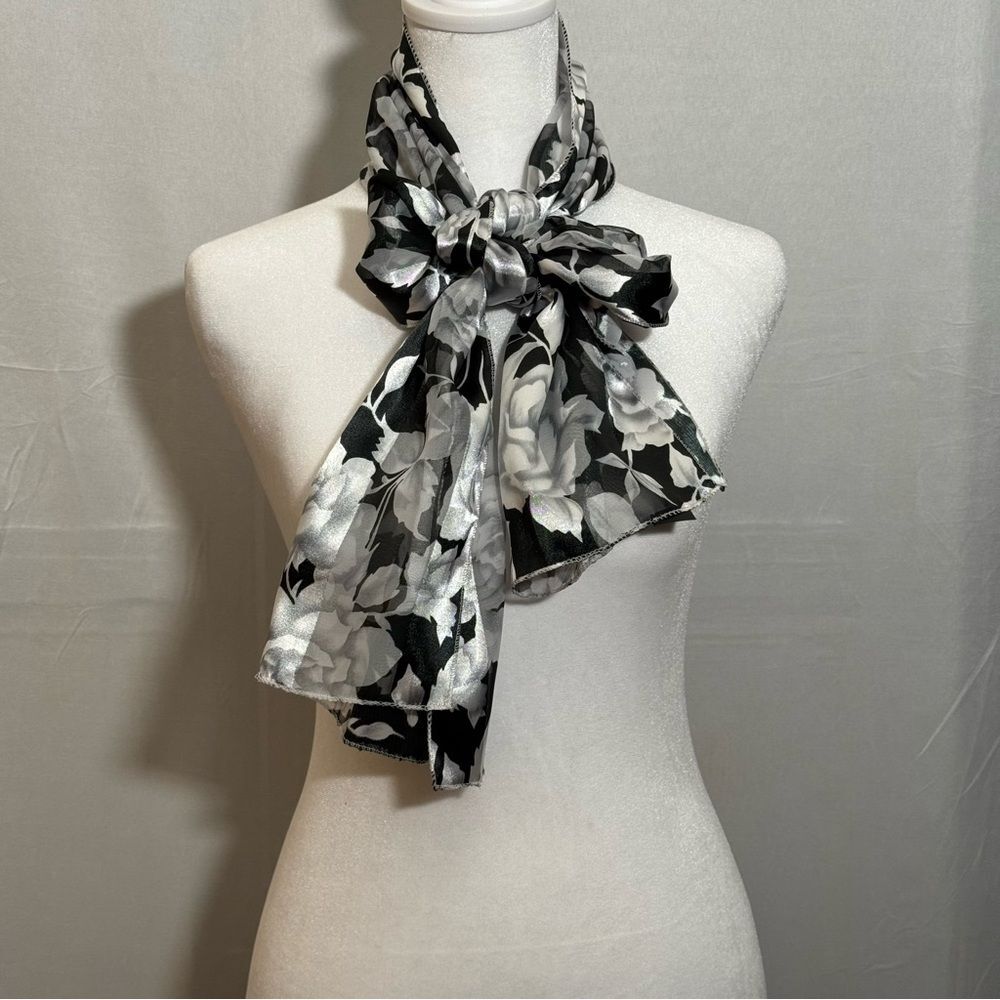 Vintage Women's Black White Floral Scarf Silk Feel Sheer Wrap Headband Classic